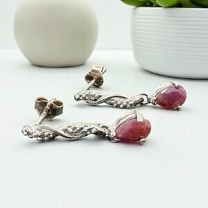 Natural Red Ruby Diamond Dangle Earrings 925 Sterling Silver
